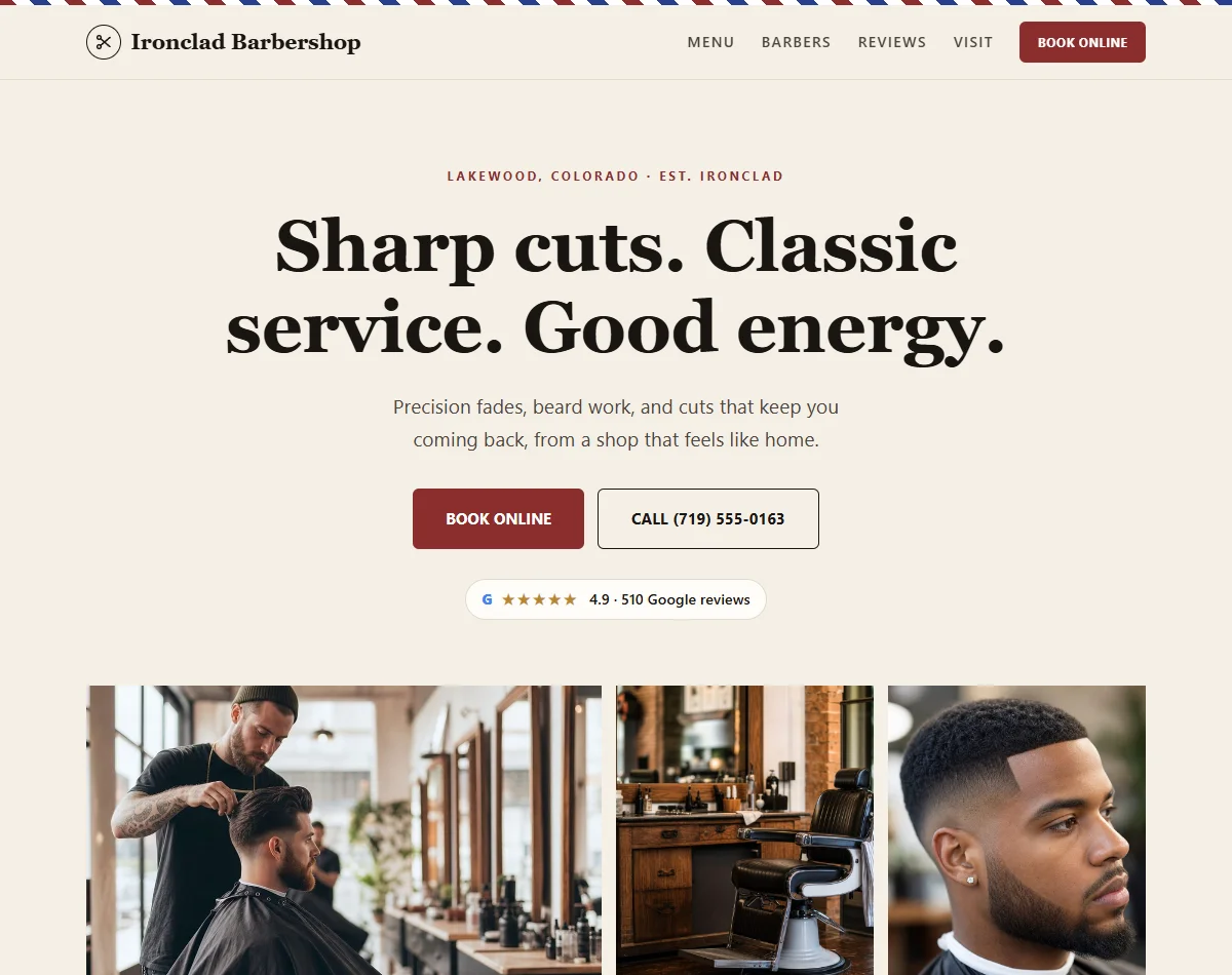 PageFront barbershop example with a service menu and prominent booking button