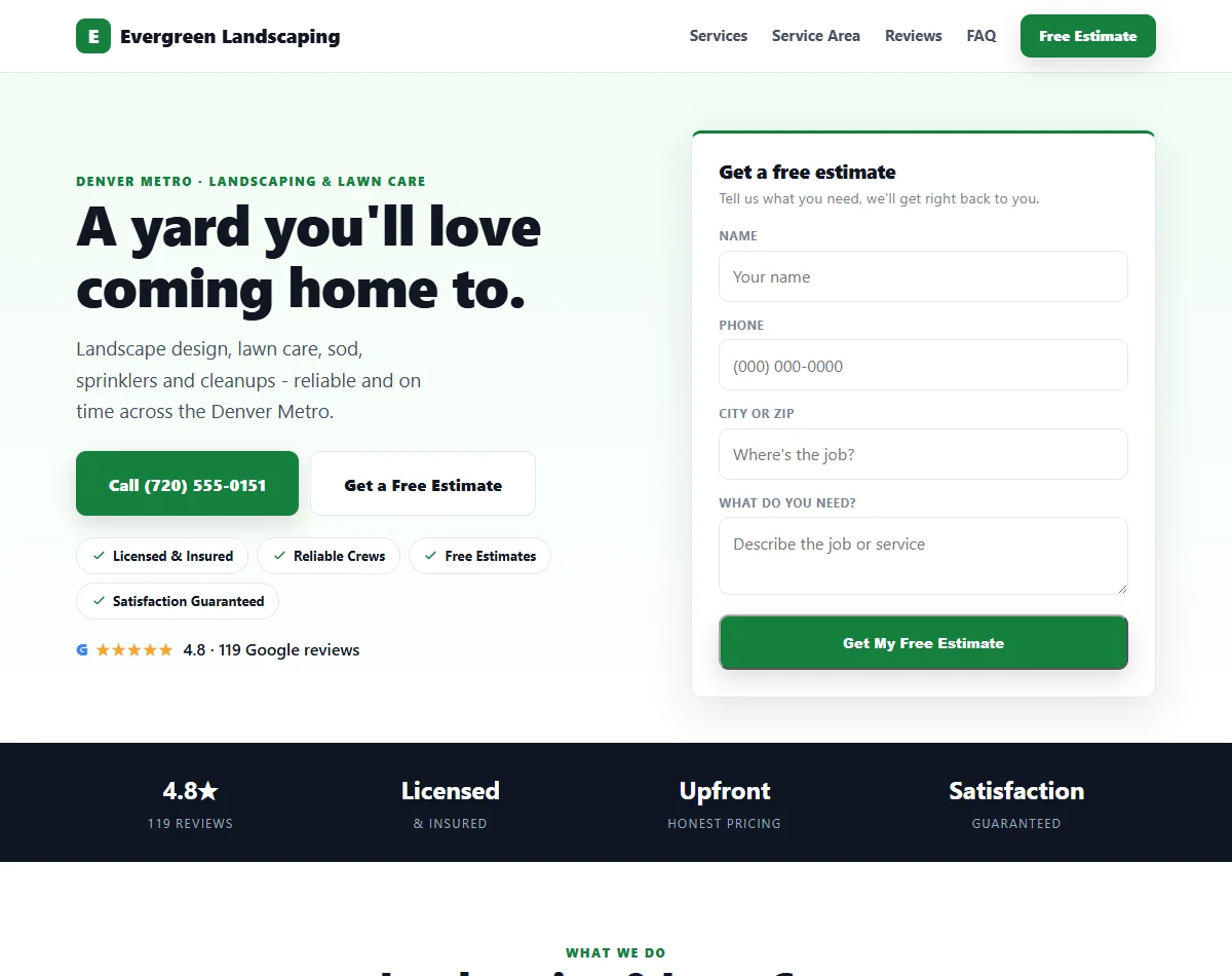 Landscaping example website showing outdoor project photography and service information