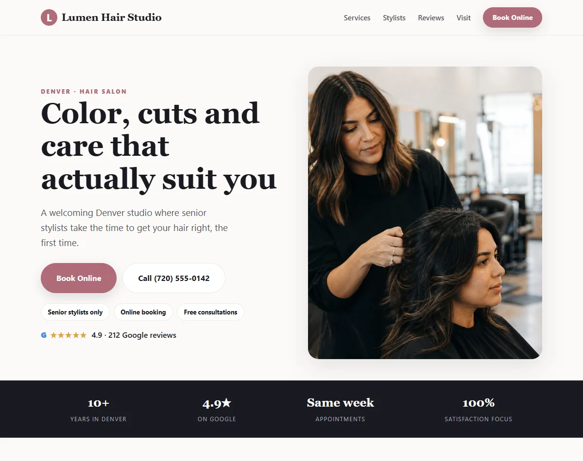 Hair salon example website with salon photography and online booking