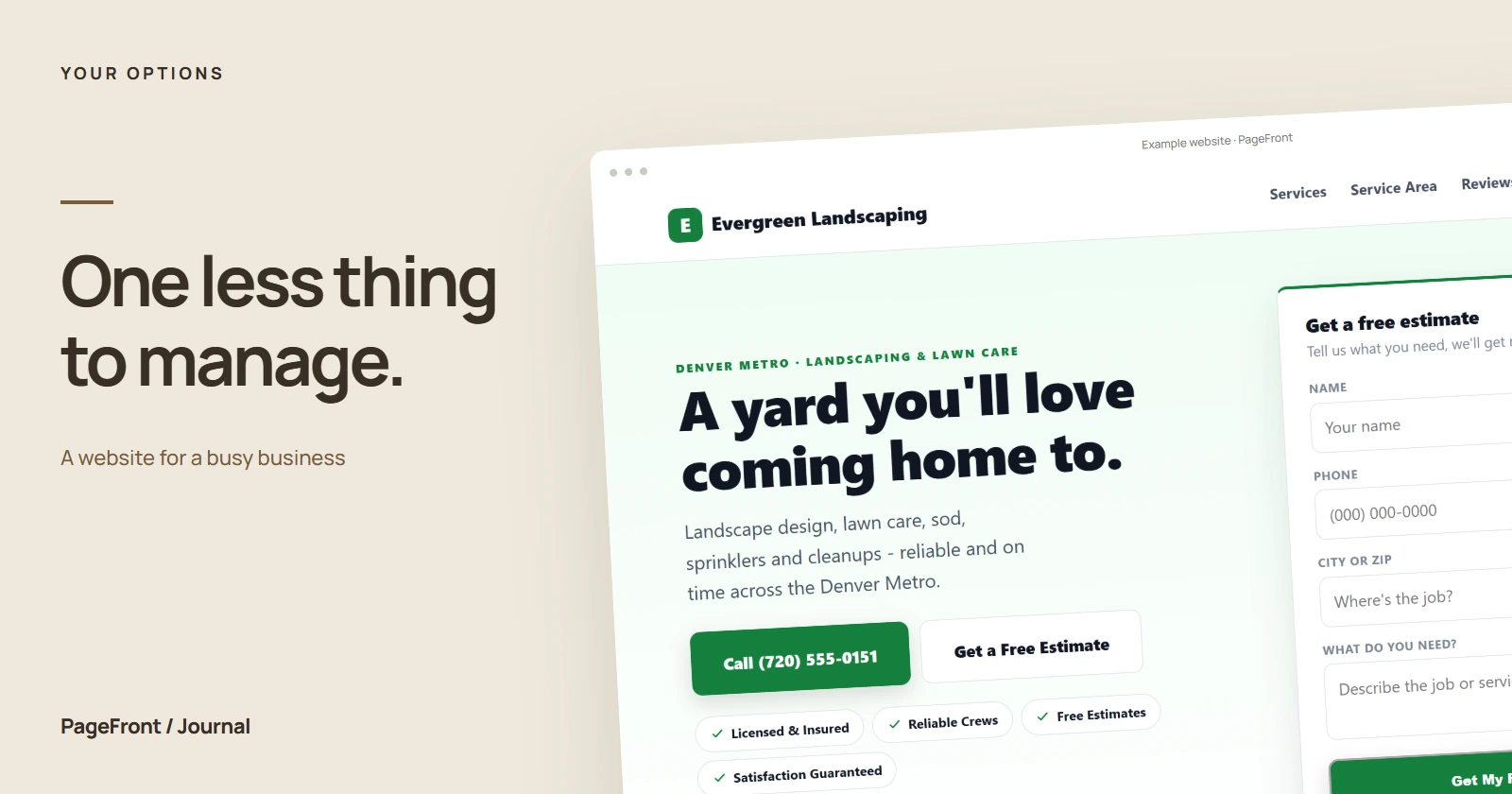 One less thing to manage. Editorial cover featuring a landscapers demo website.