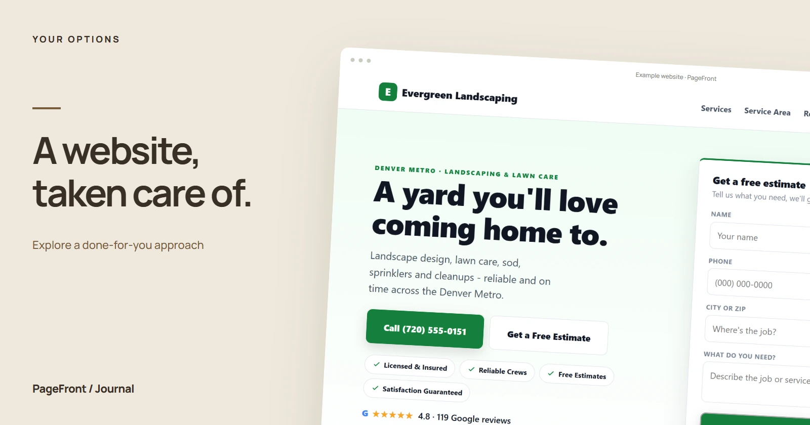 A website, taken care of. Editorial cover featuring a landscapers demo website.