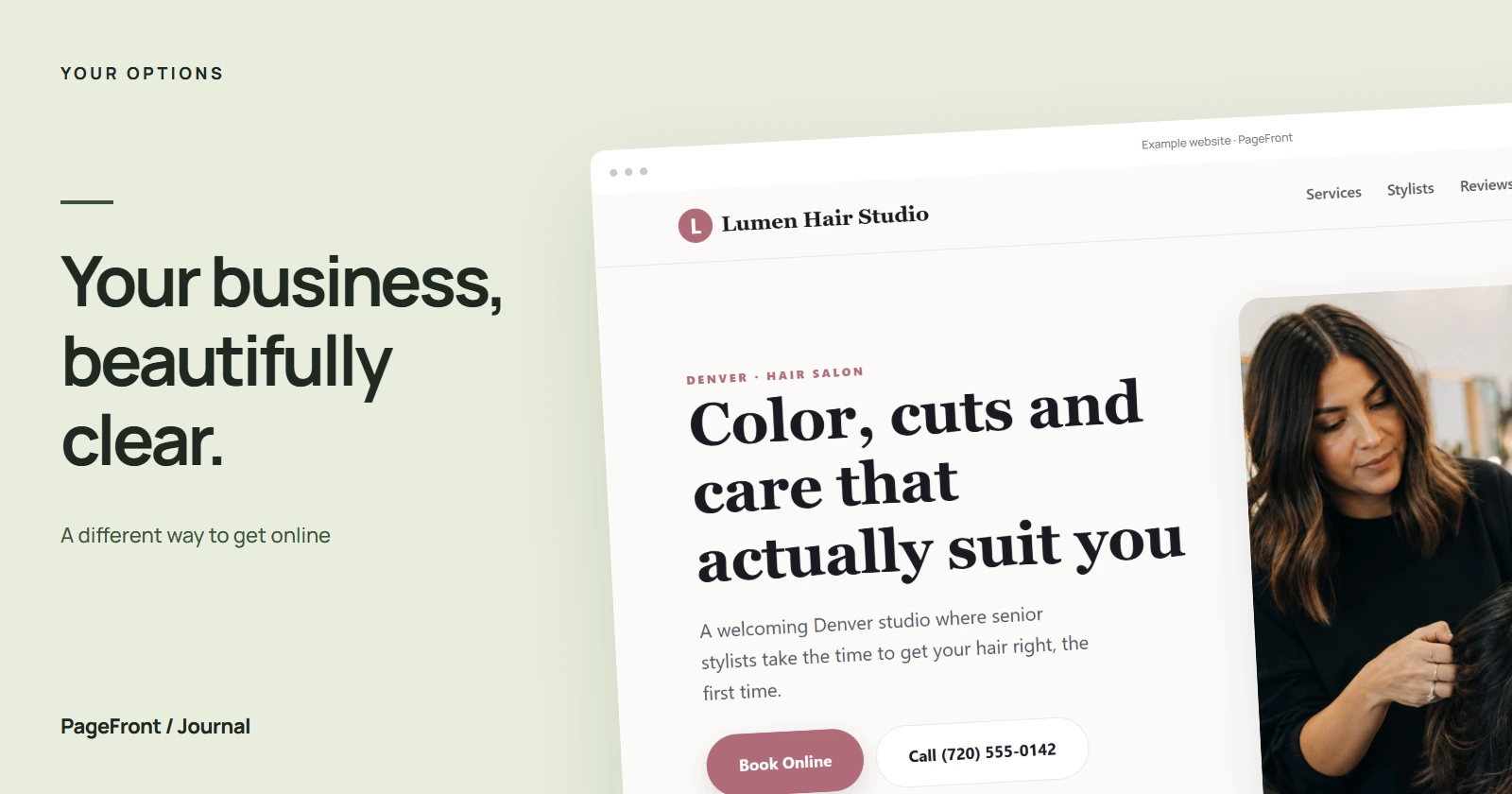 Your business, beautifully clear. Editorial cover featuring a salon demo website.
