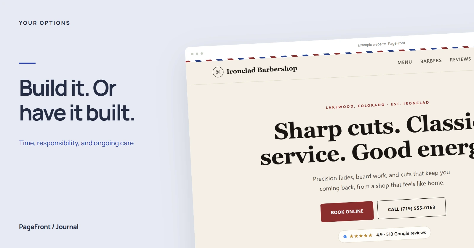 Build it. Or have it built. Editorial cover featuring a barber demo website.