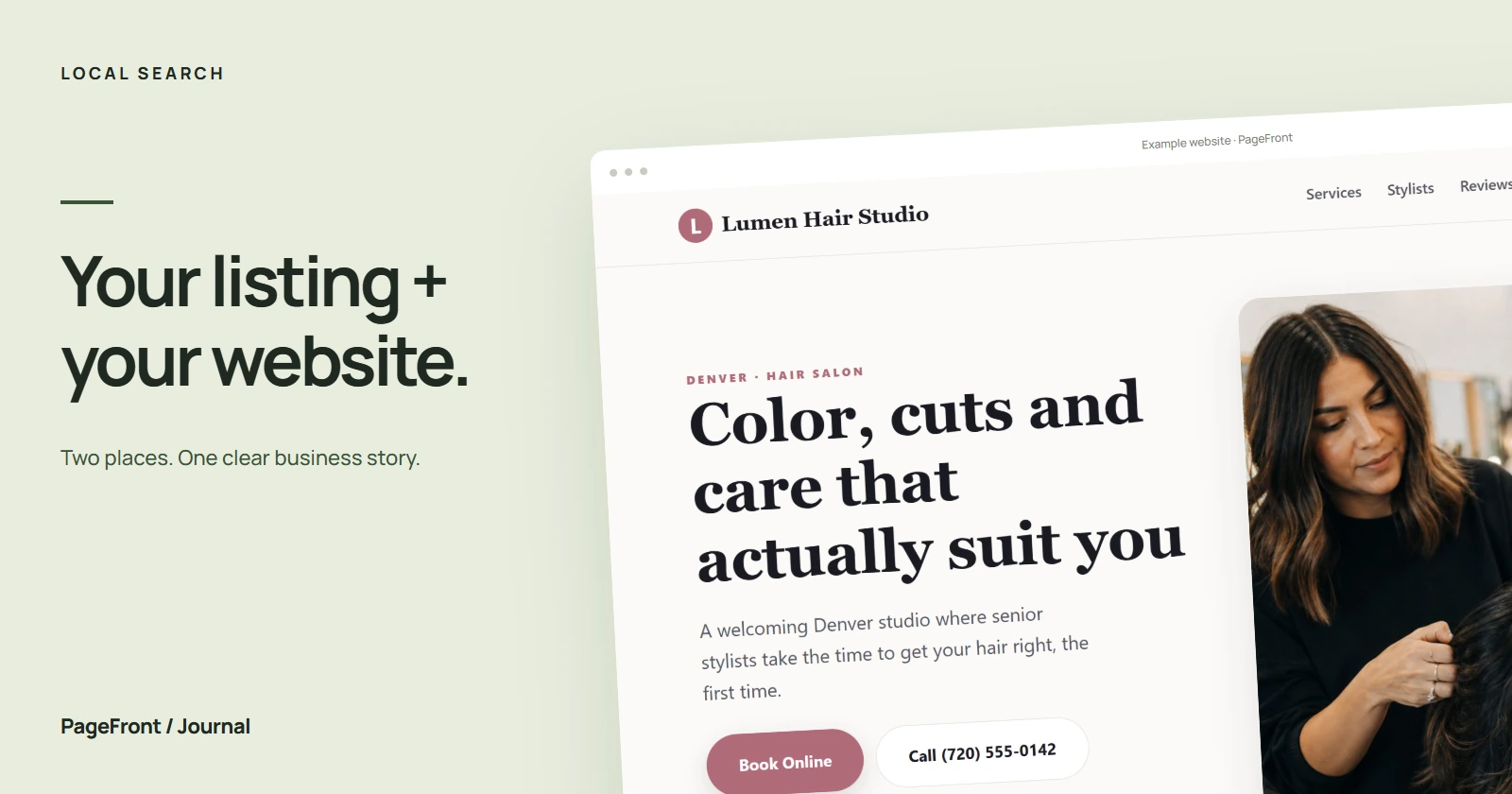Your listing + your website. Editorial cover featuring a salon demo website.