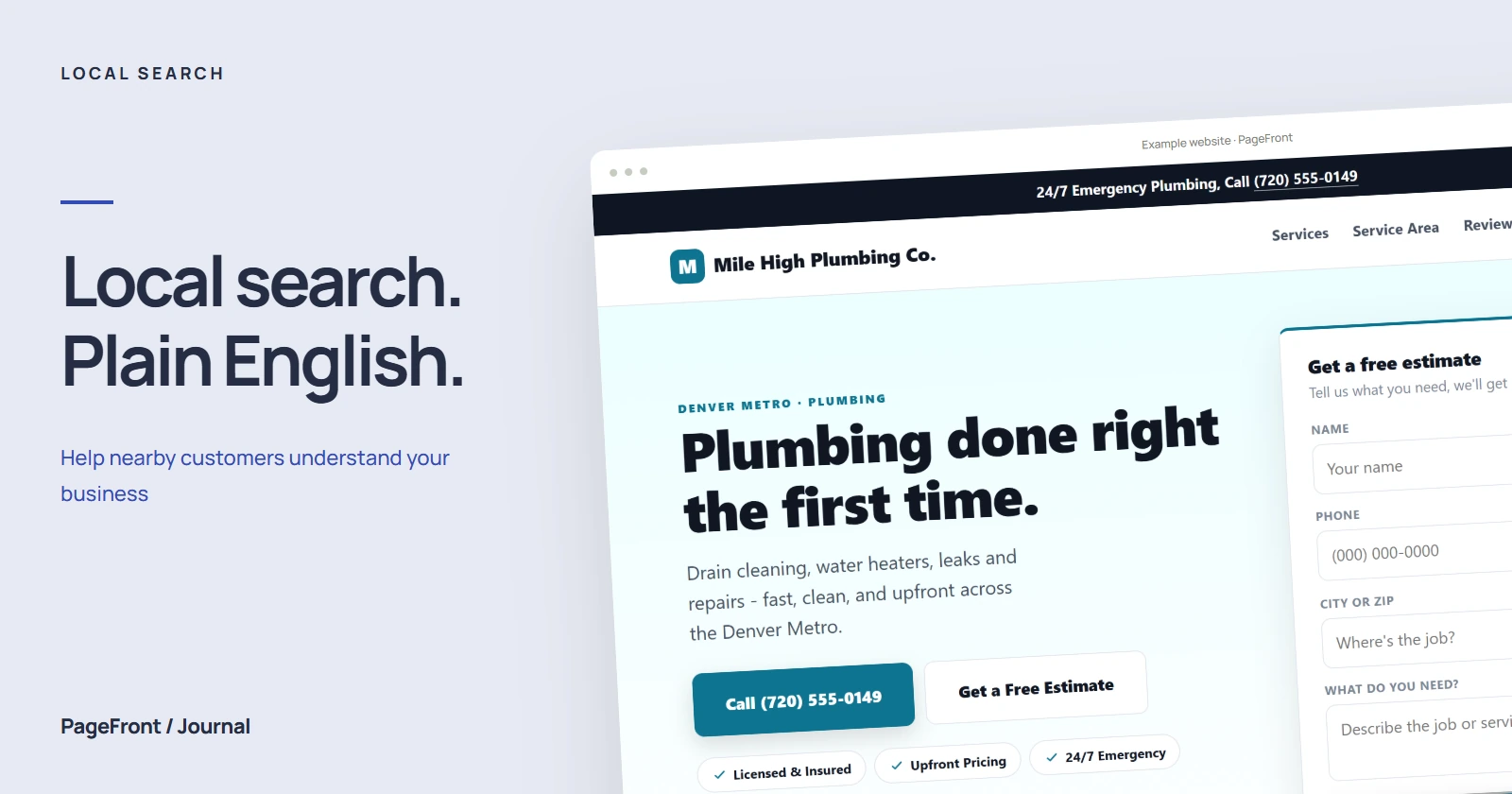 Local search. Plain English. Editorial cover featuring a plumbers demo website.