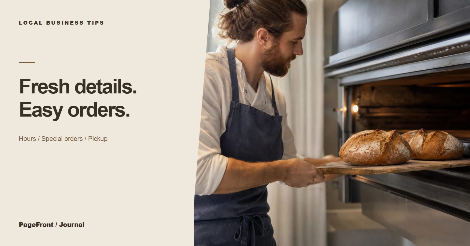 Fresh details, easy orders. Editorial cover with bakery photography.
