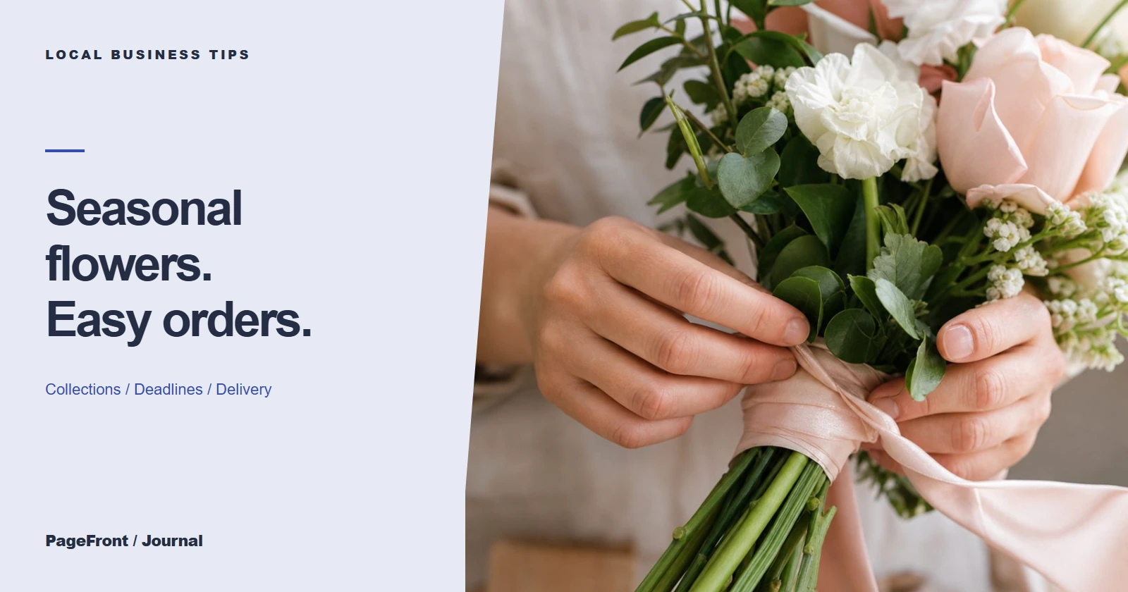 Seasonal flowers, easy orders. Editorial cover with florist demo photography.