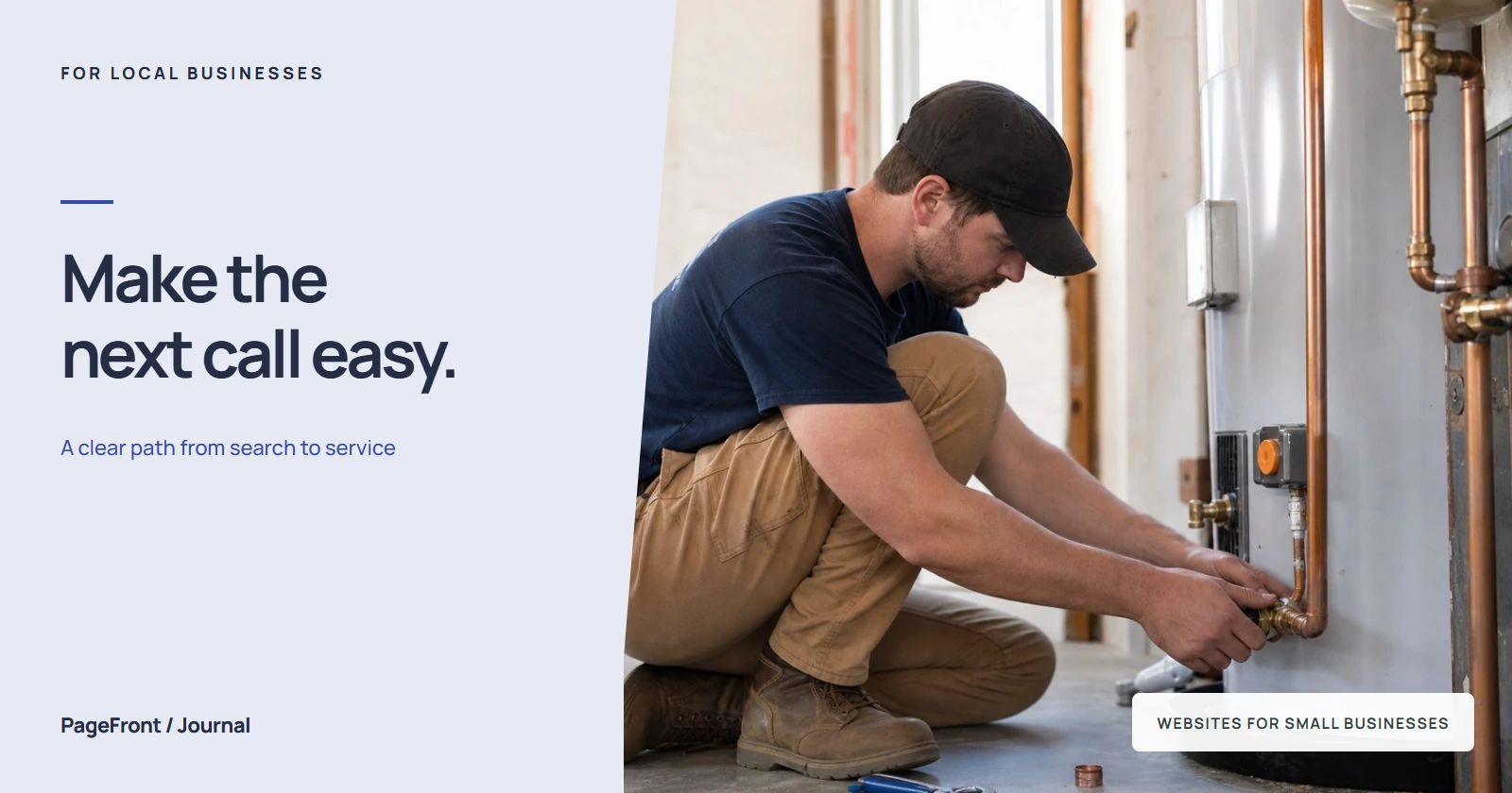 Make the next call easy. Editorial cover with plumbers photography.