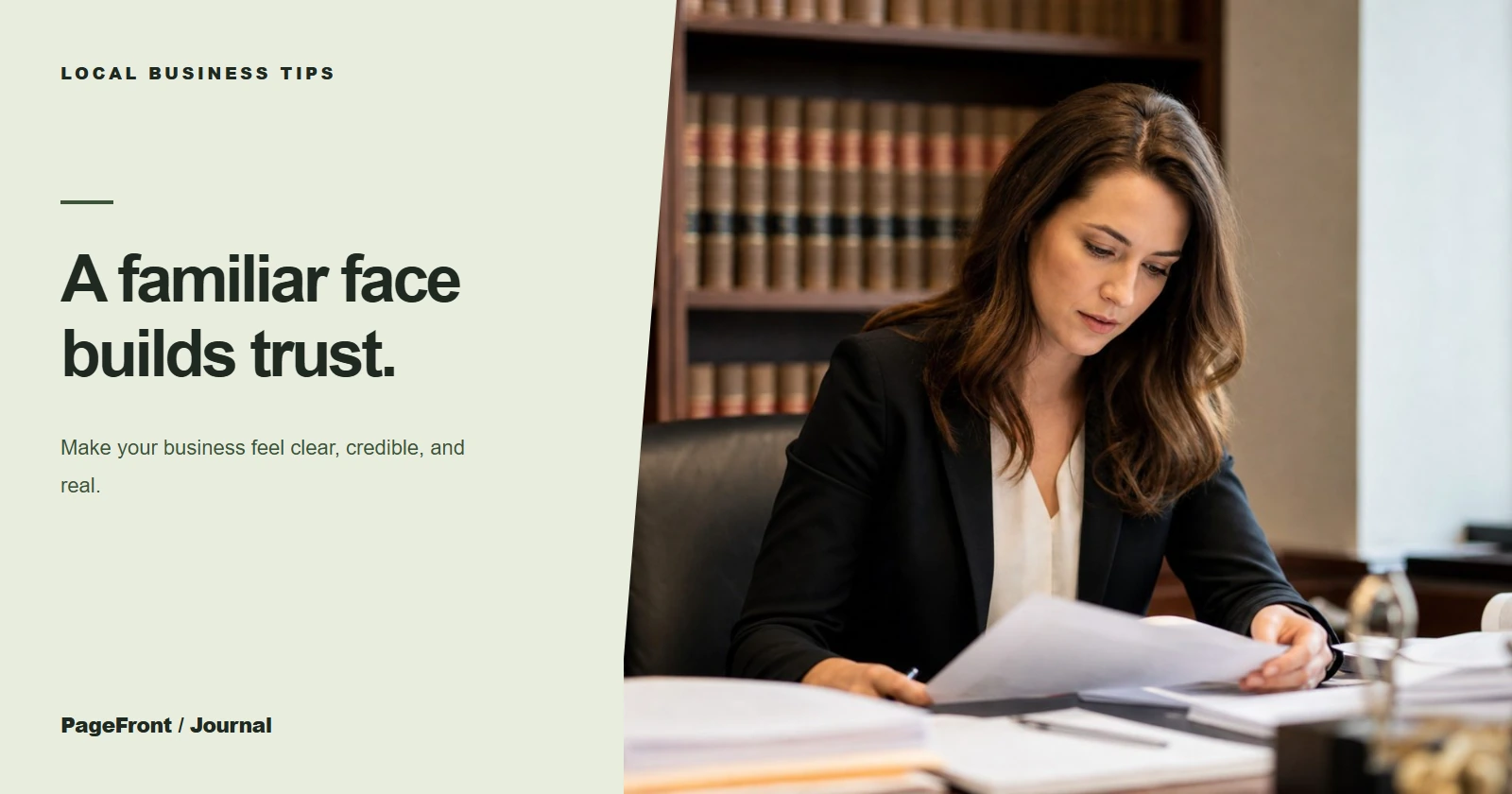 A familiar face makes a business feel more trustworthy. Editorial cover with law firm demo photography.