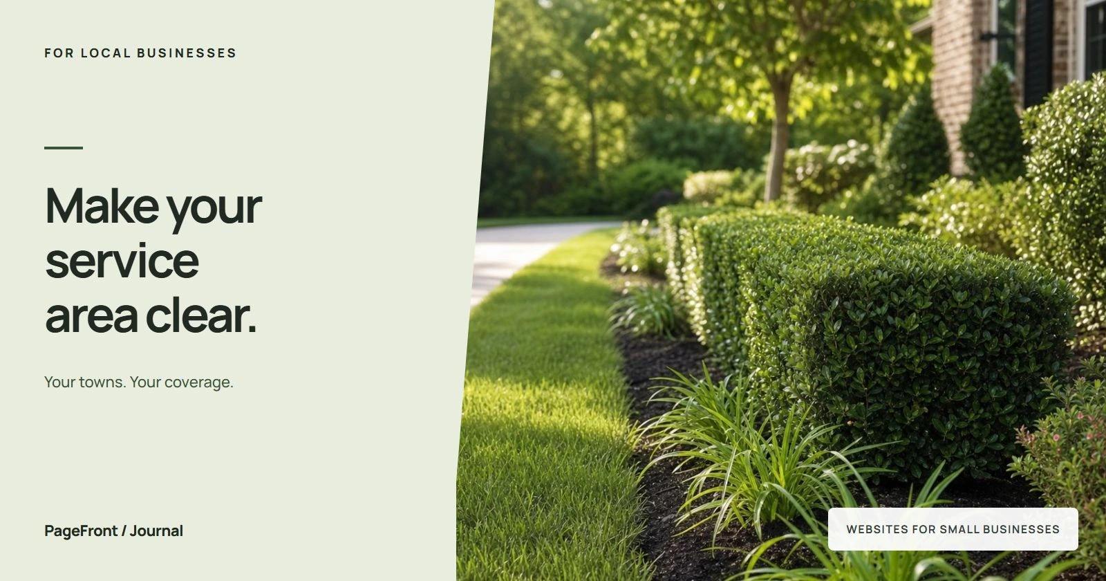 Make your service area clear. Editorial cover with landscapers photography.