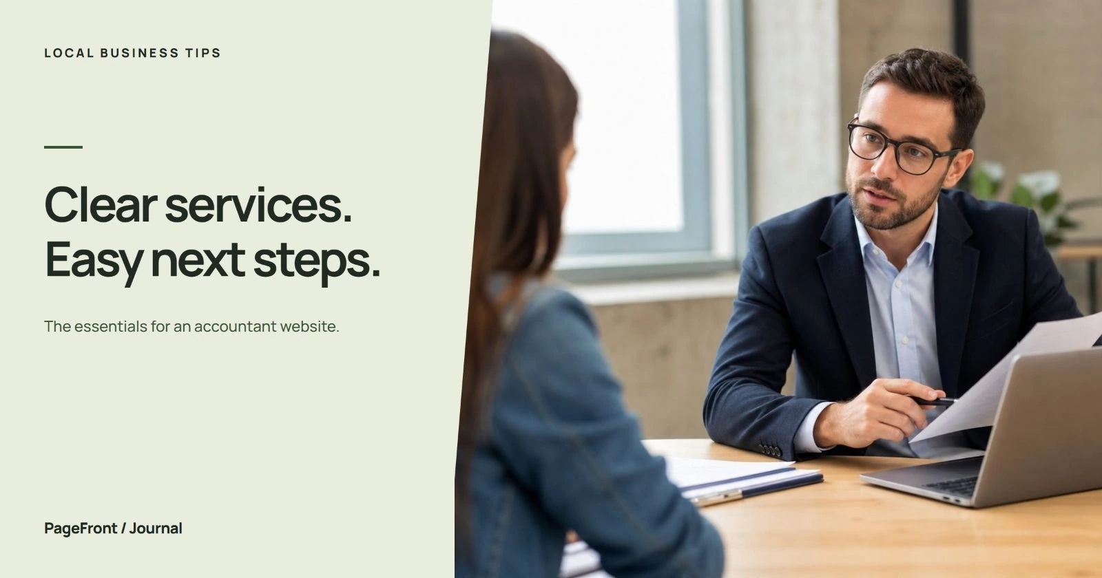 Clear services. Easy next steps. Editorial cover with accountant demo photography.