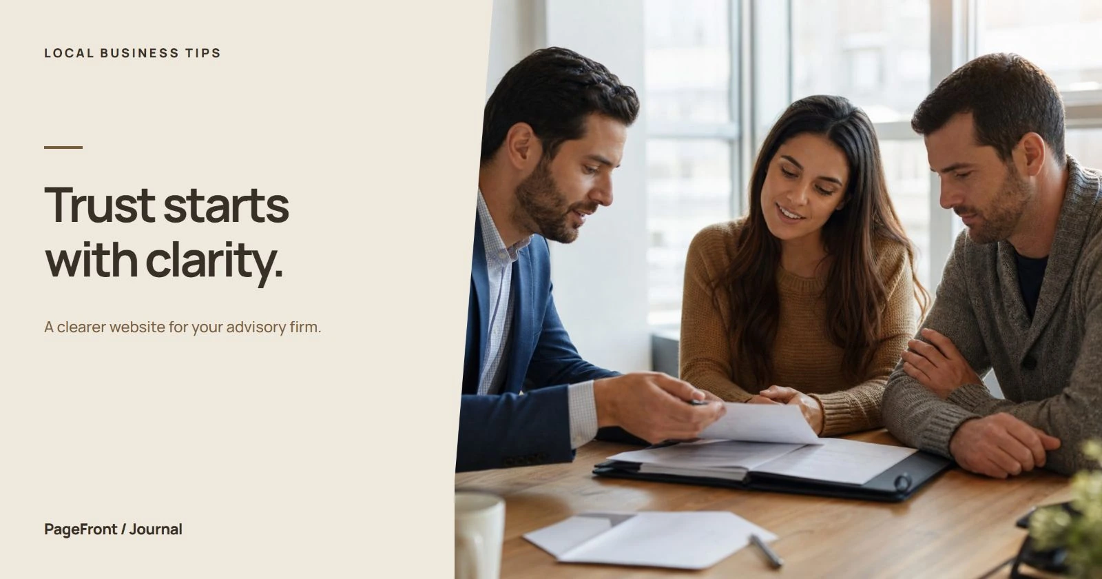 Trust starts with clarity. Editorial cover with financial advisor demo photography.