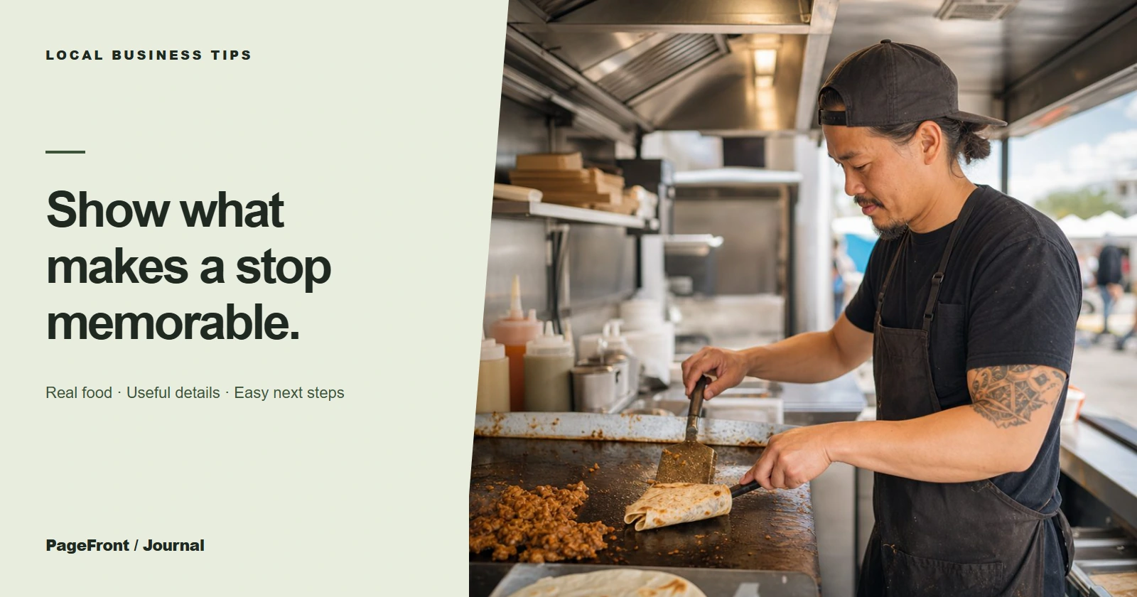 Show what makes a stop memorable. Editorial cover with food truck demo photography.
