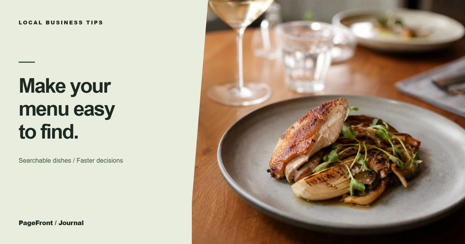 Make your menu easy to find. Editorial cover with restaurant photography.