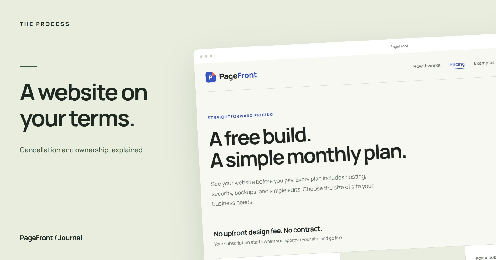 A website on your terms. Editorial cover featuring the PageFront pricing page.