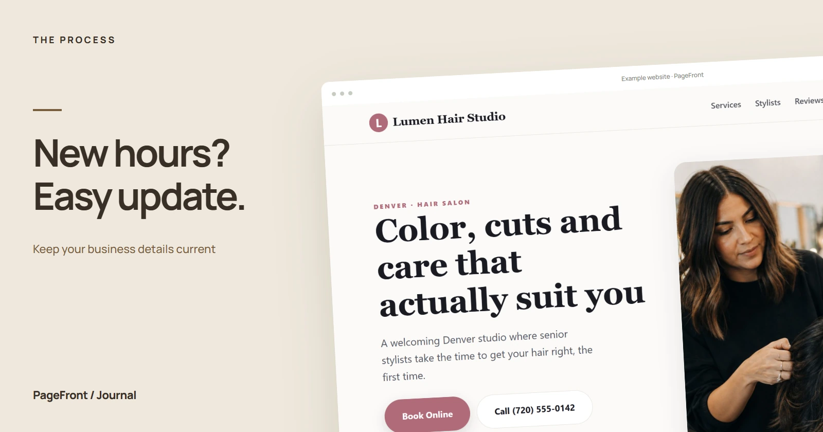 New hours? Easy update. Editorial cover featuring a salon demo website.