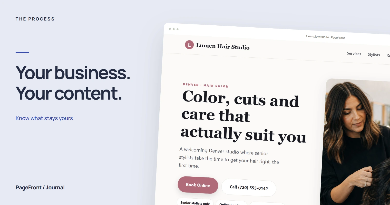 Your business. Your content. Editorial cover featuring a salon demo website.