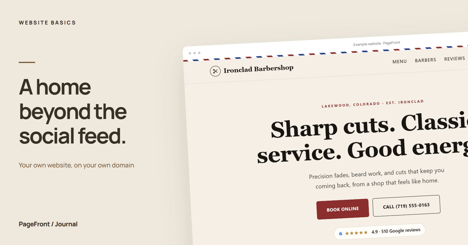 A home beyond the social feed. Editorial cover featuring a barber demo website.