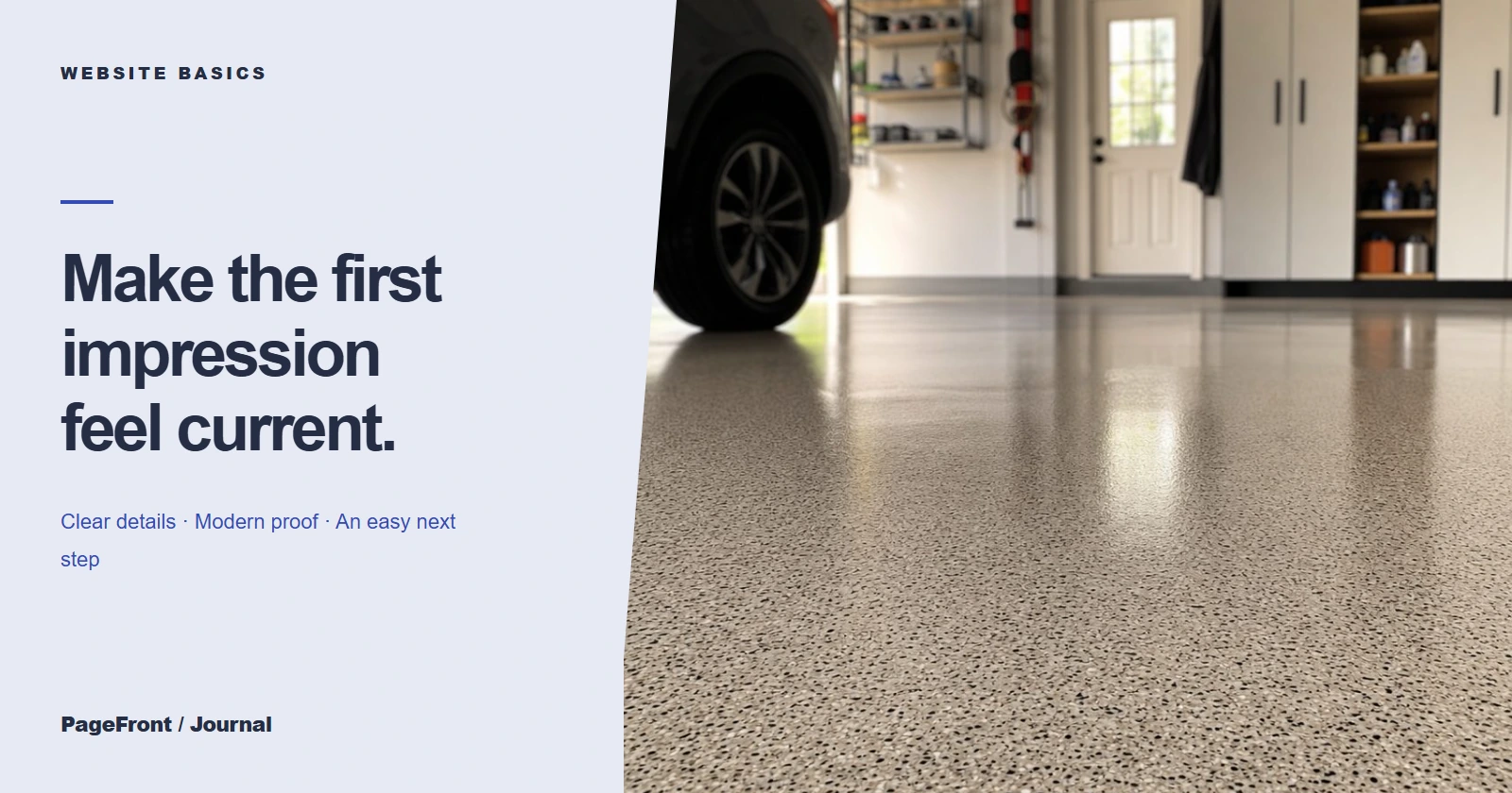 Make the first impression feel current. Editorial cover with garage flooring demo photography.