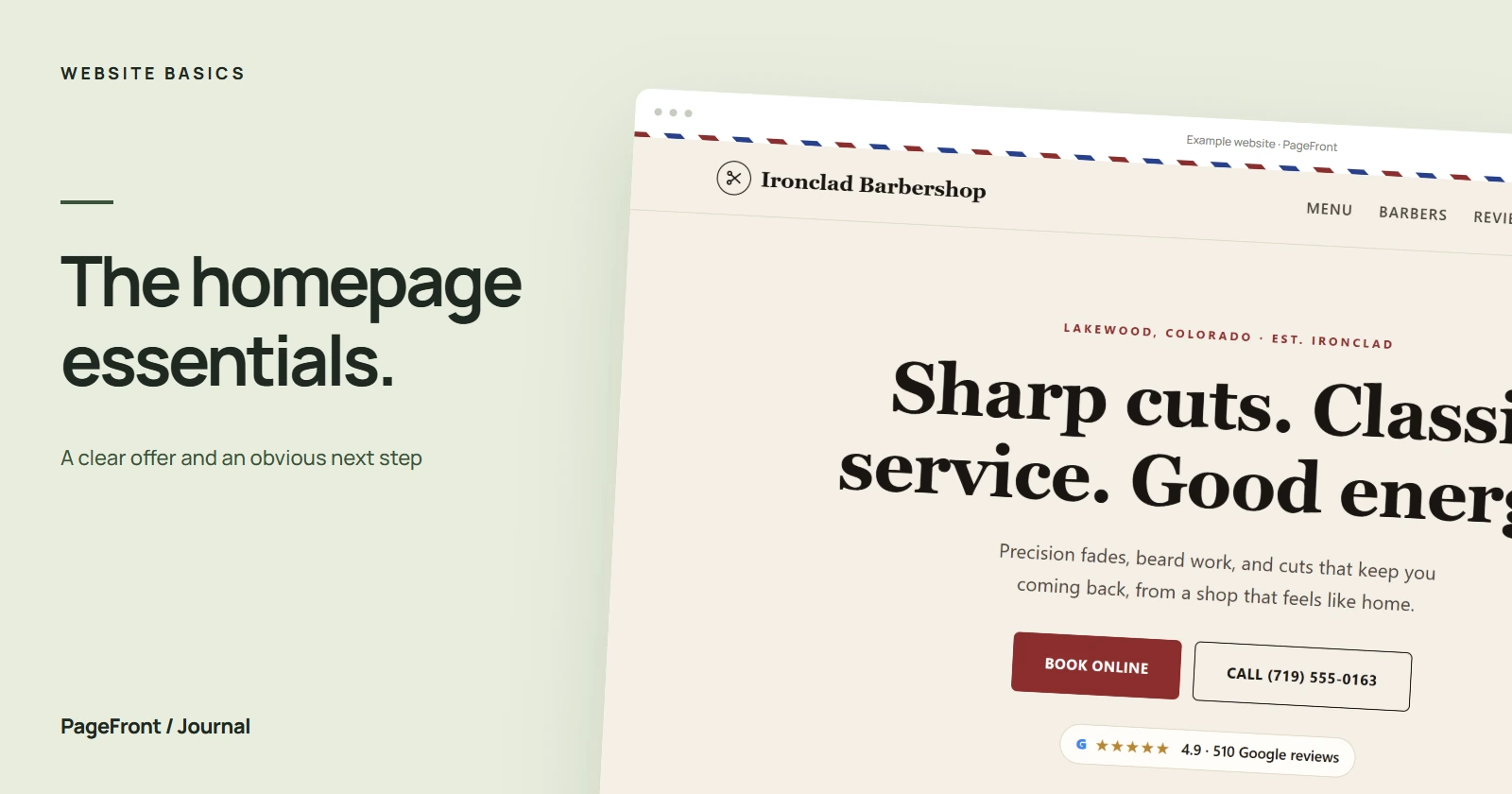 The homepage essentials. Editorial cover featuring a barber demo website.