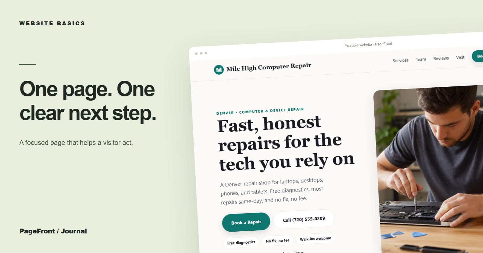 One page. One clear next step. Editorial cover featuring the computer repair demo website.