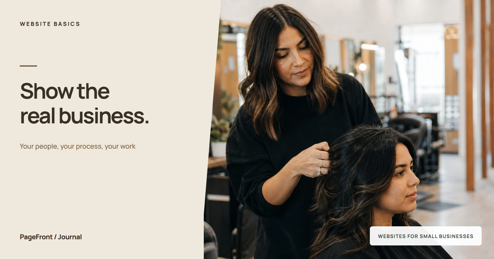 Show the real business. Editorial cover with salon photography.