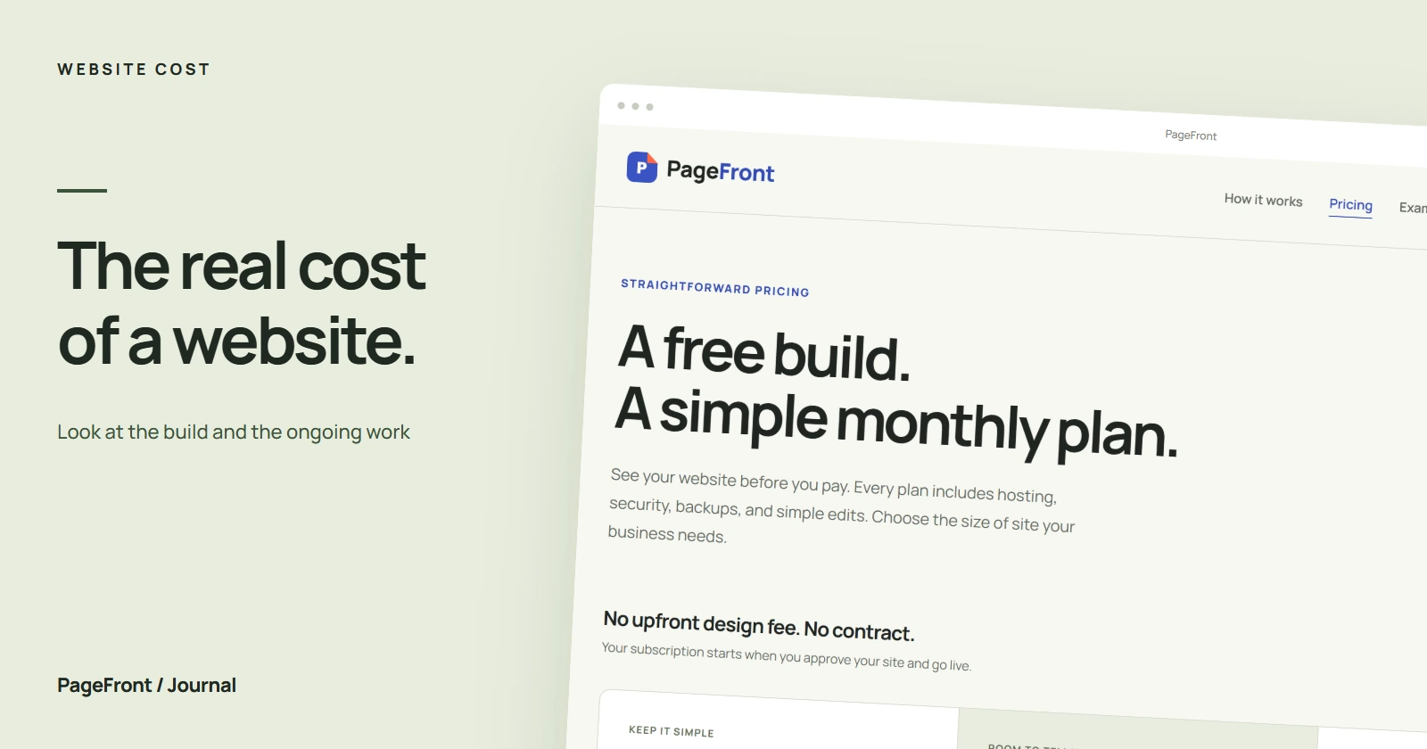 The real cost of a website. Editorial cover featuring the PageFront pricing page.
