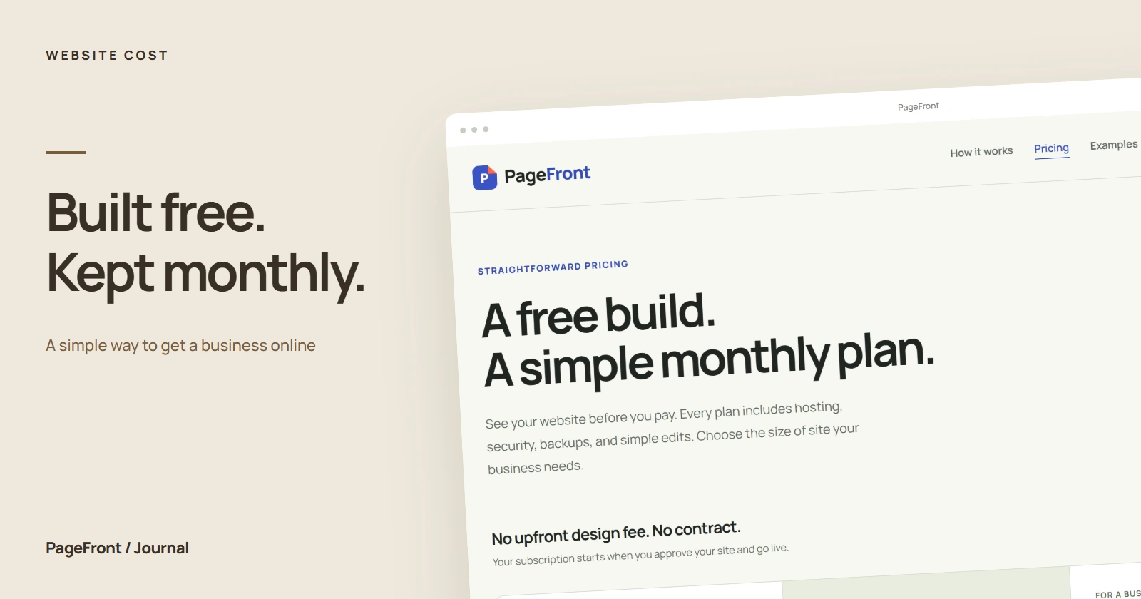 Built free. Kept monthly. Editorial cover featuring the PageFront pricing page.