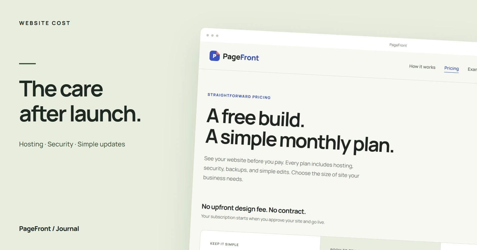 The care after launch. Editorial cover featuring the PageFront pricing page.