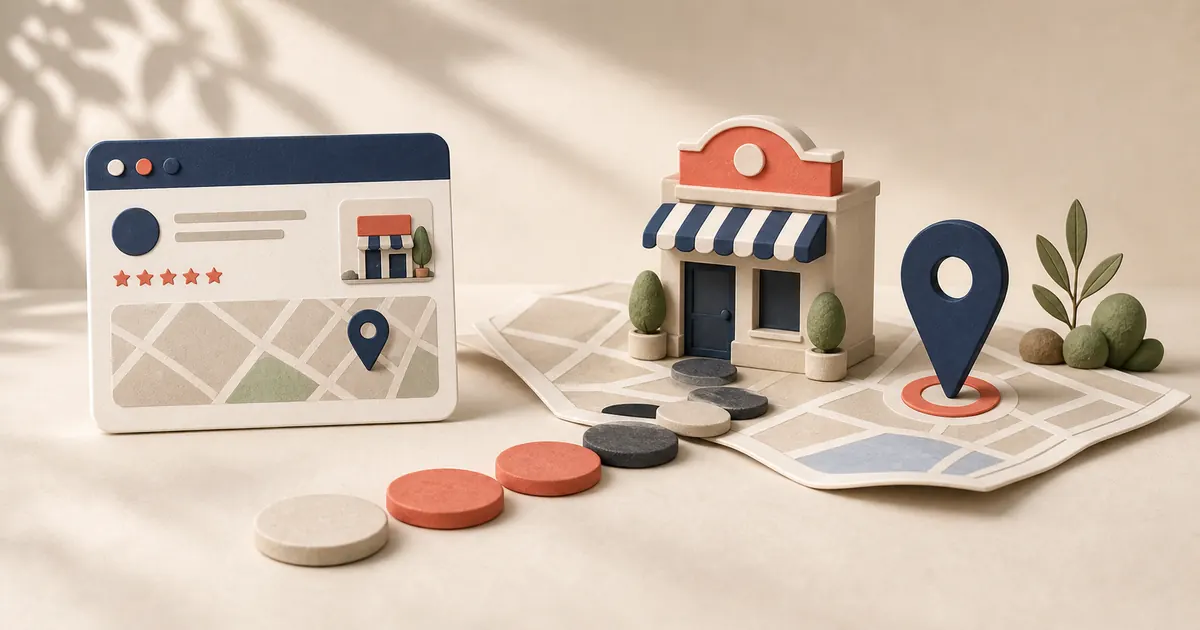 Miniature storefront connected to a search result and map pin