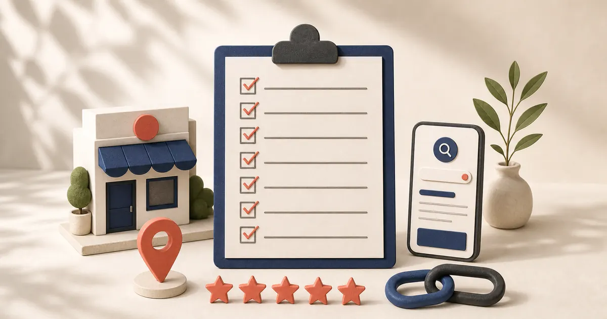 Local SEO checklist with a storefront, search card, reviews, and location pin