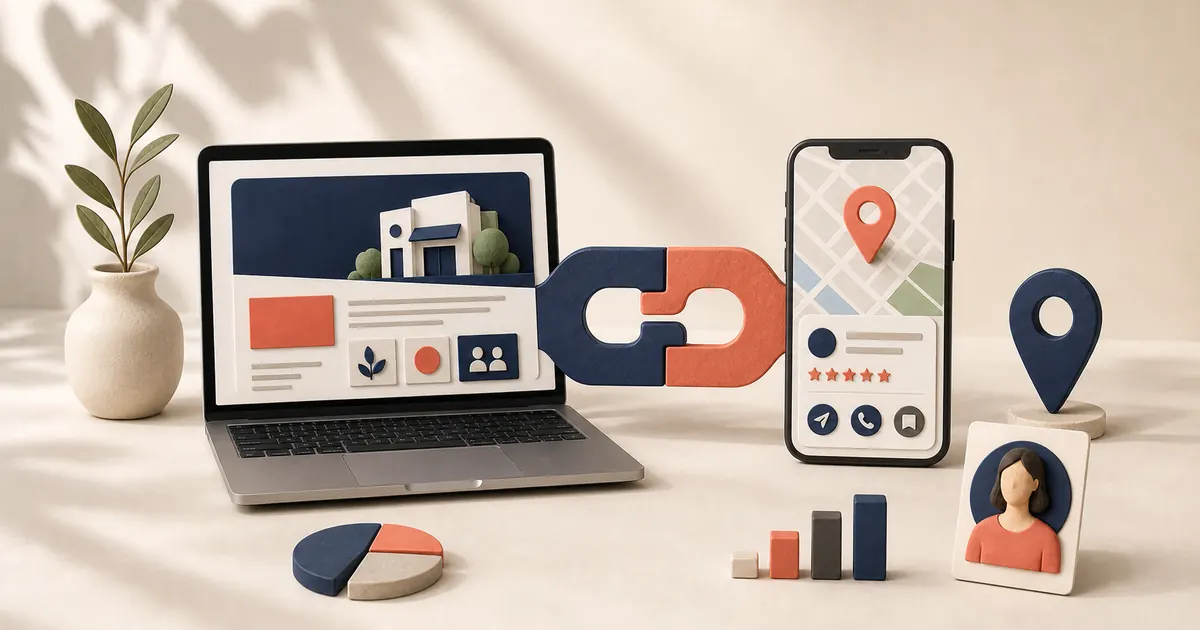 Business website on a laptop connected to a local map listing on a phone