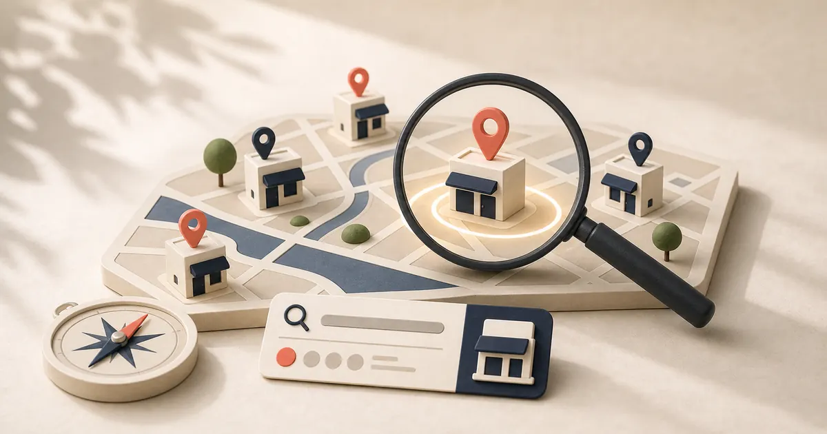 Neighborhood map with a magnifying glass highlighting a nearby storefront