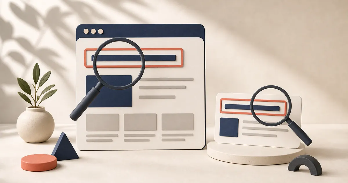 Website and search result title lines highlighted with magnifying glasses