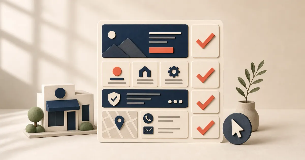 Local business homepage modules marked with checkmarks