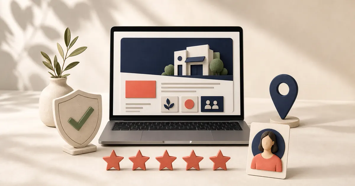 Business website surrounded by reviews, verification, location, and an owner profile