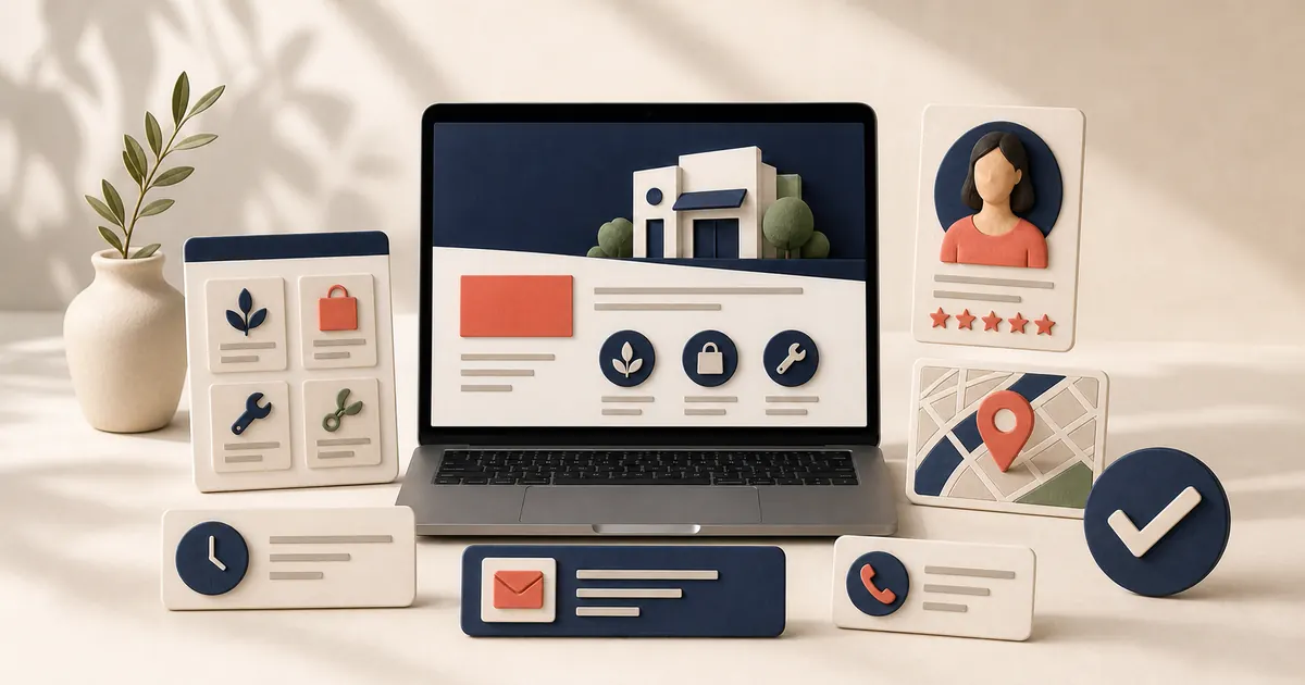 Essential small business website sections arranged around a laptop