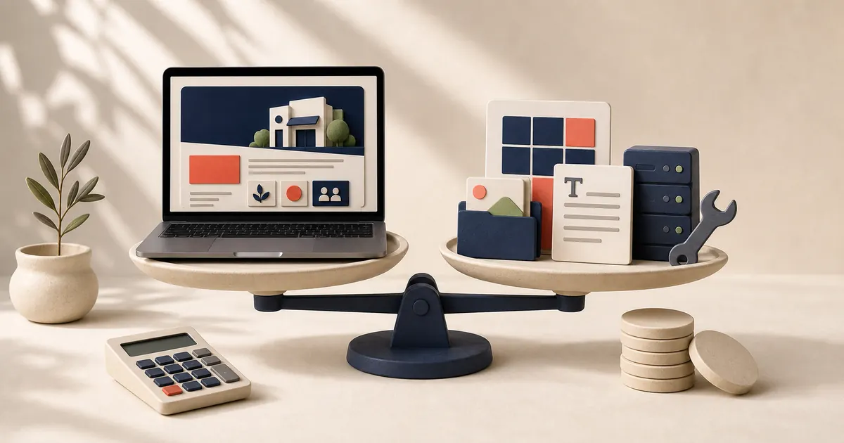Website balanced against design, content, hosting, and support components