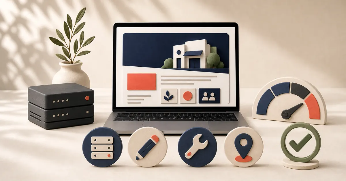 Website surrounded by hosting, editing, support, and local search value icons