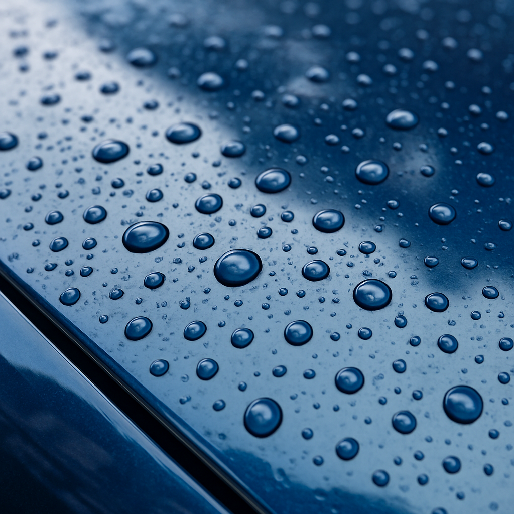 Glossy car paint with water beading after ceramic coating