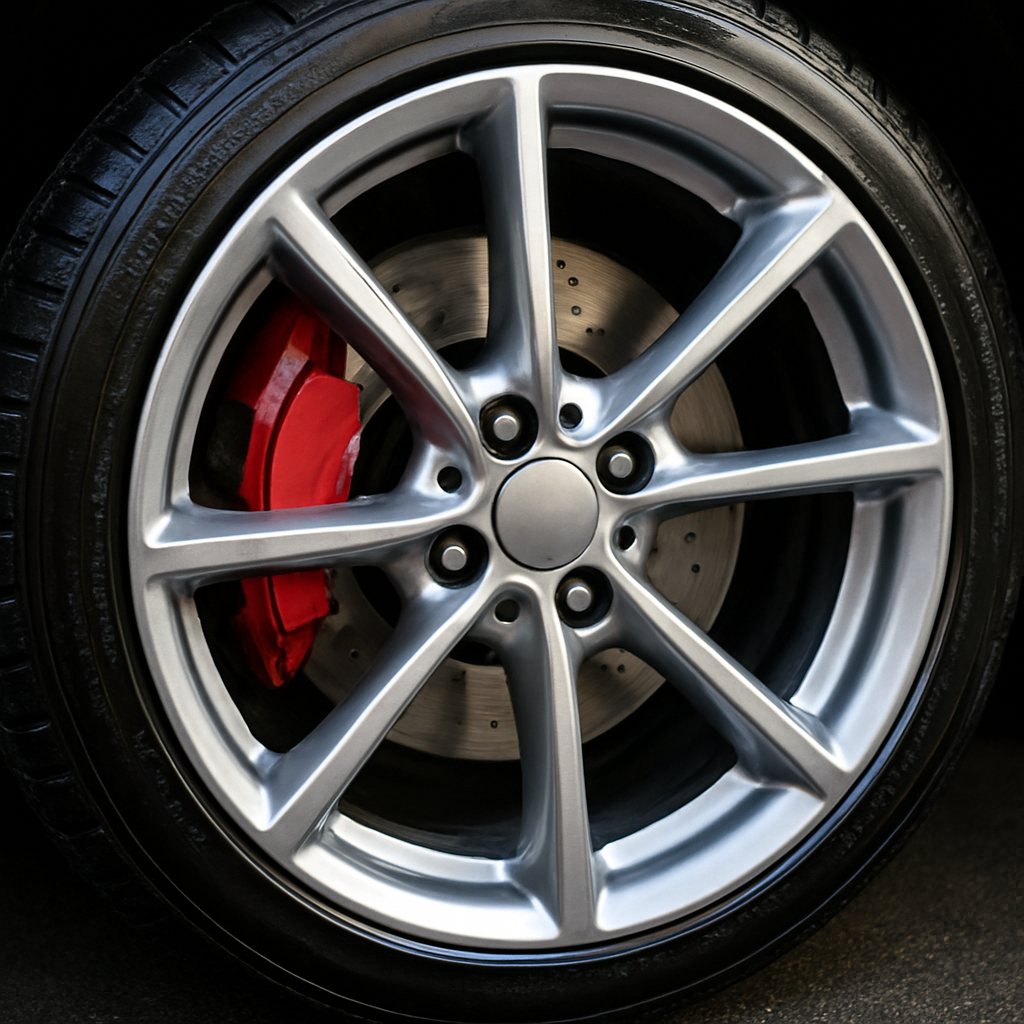 Clean shiny car wheel with fresh tire shine