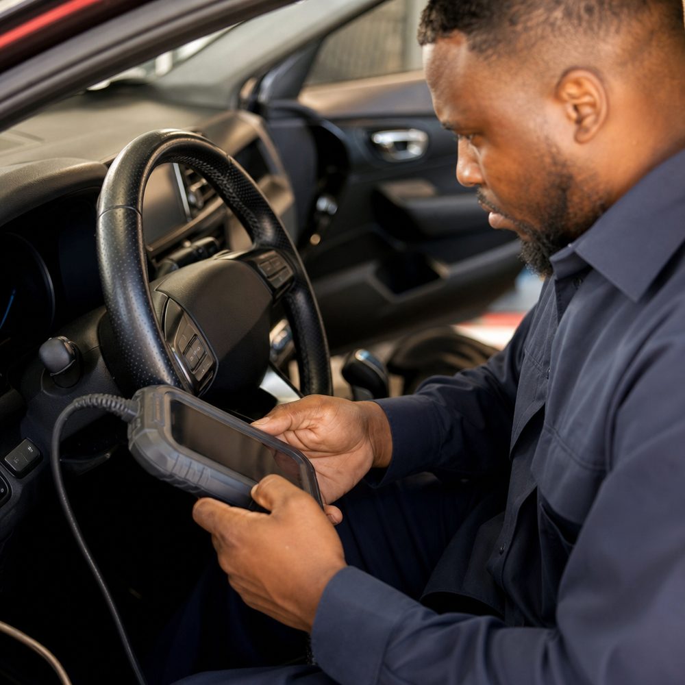 Technician running engine diagnostics on a car