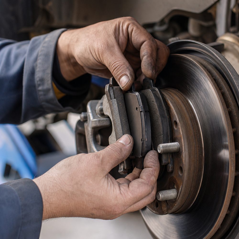 New brake pads being installed during a brake service