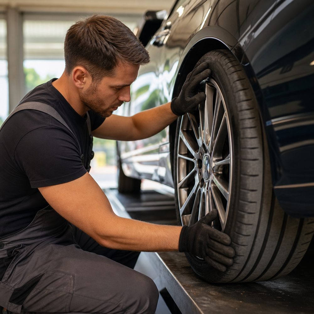New tire being mounted and balanced