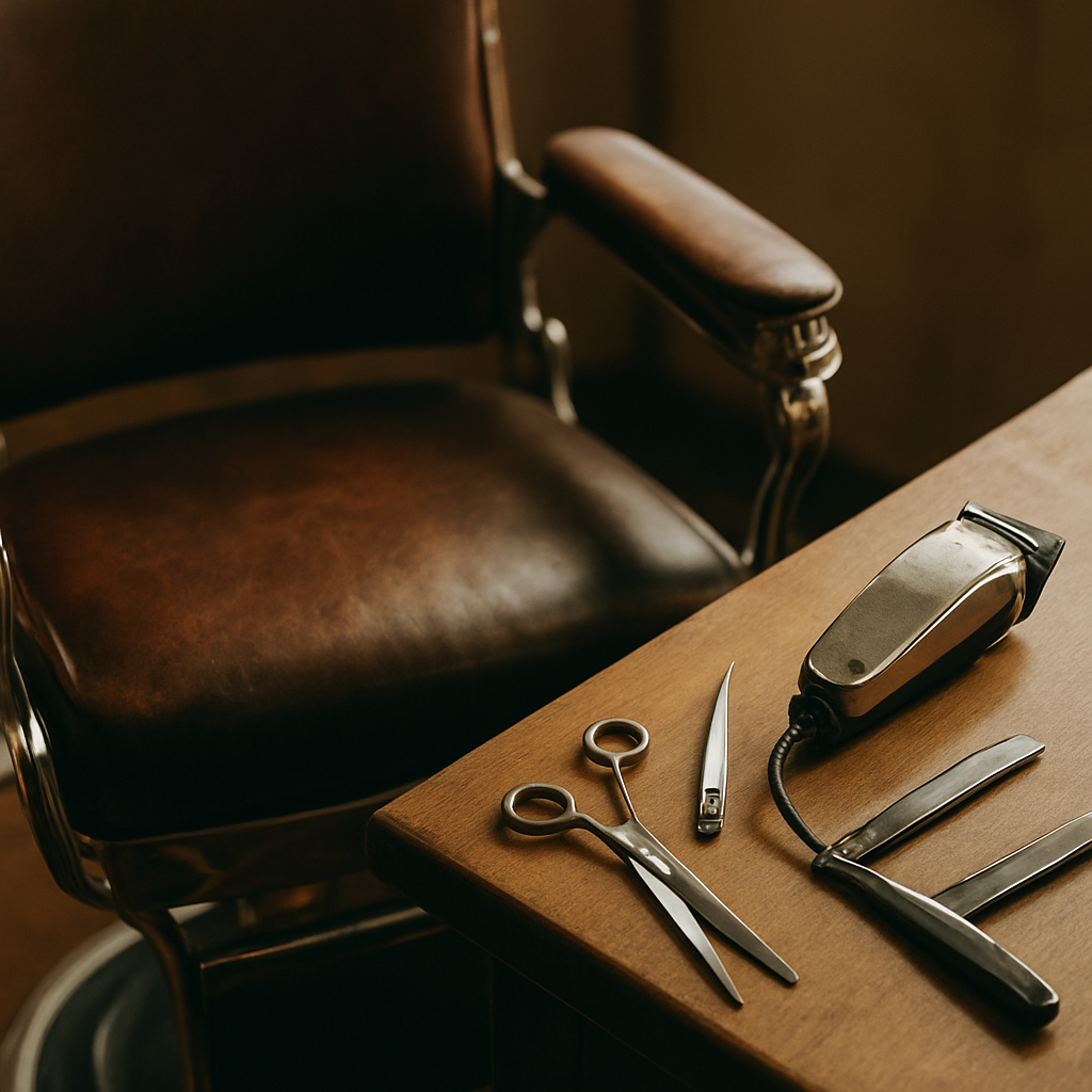 Vintage barber chair and tools at Ironclad Barbershop