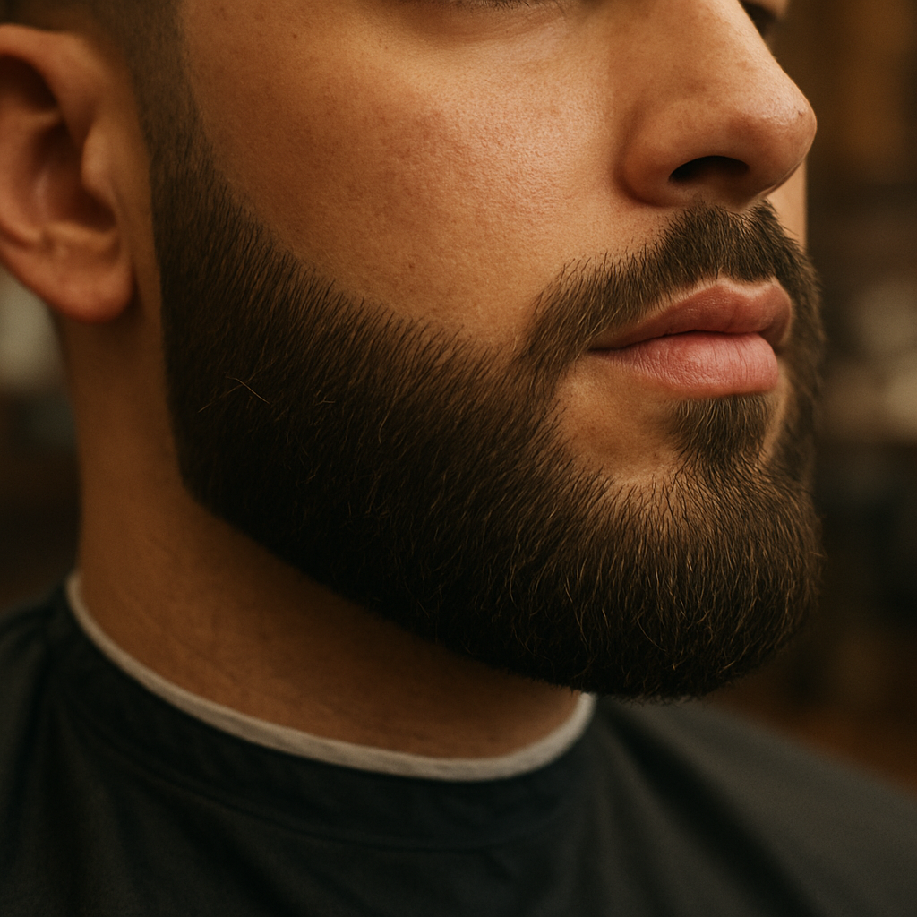Beard line-up with straight-razor edge at Ironclad Barbershop