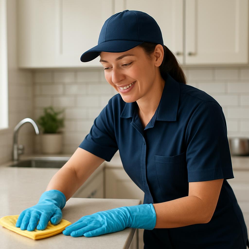 Cleaner wiping a kitchen counter