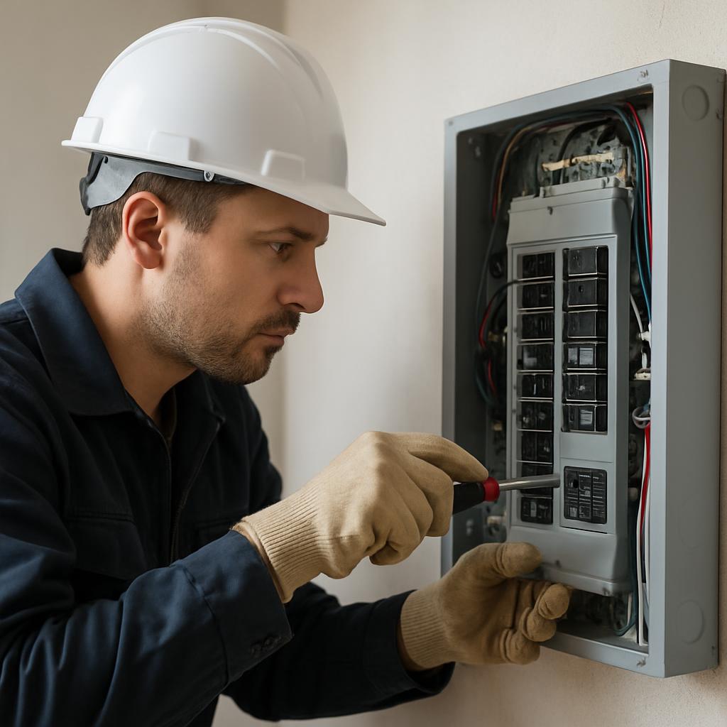 Electrician installing an electrical panel