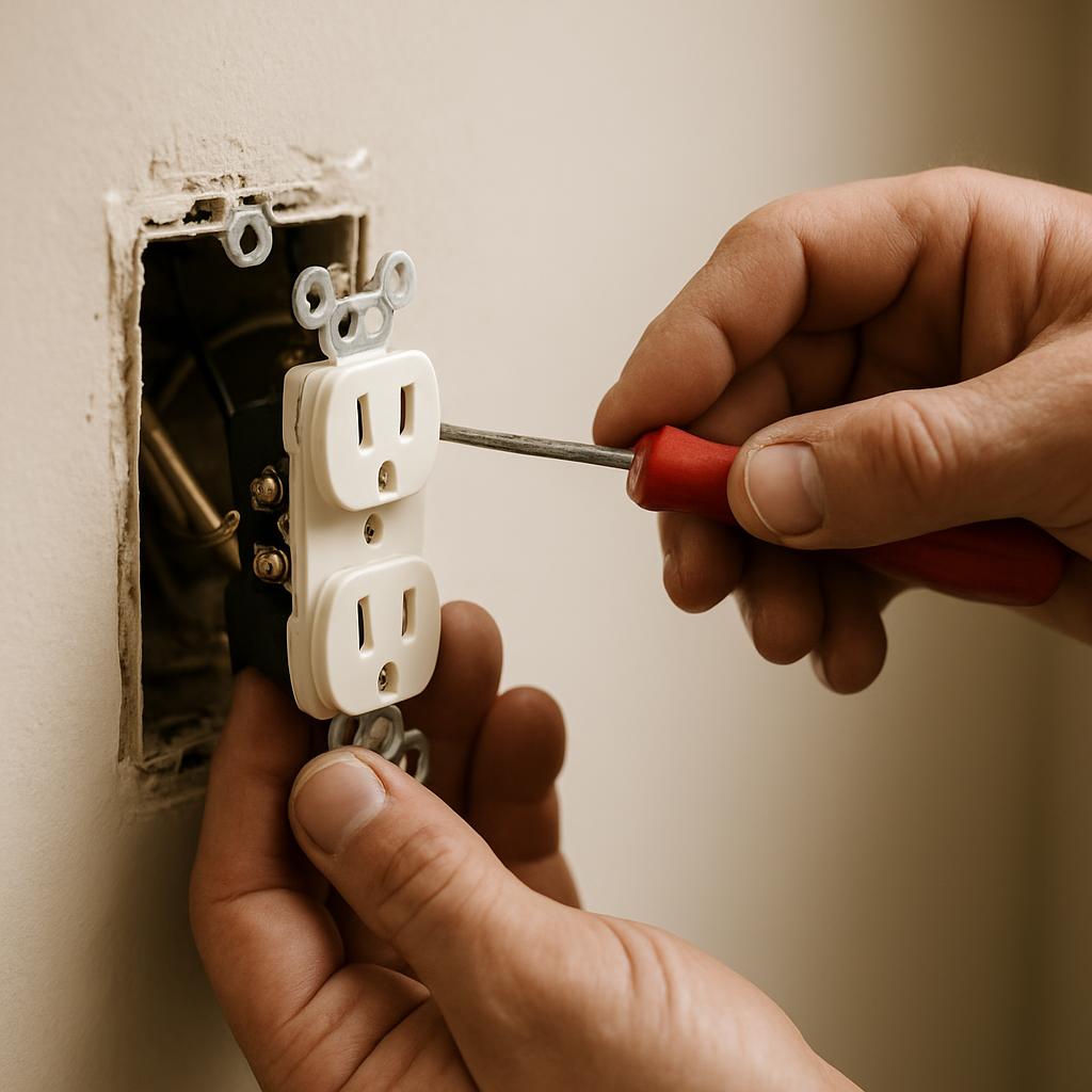 Electrician wiring a wall outlet