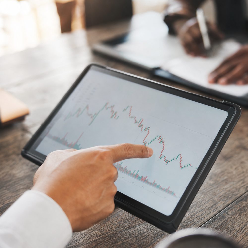 Reviewing portfolio performance on a tablet at Meridian Wealth Advisors